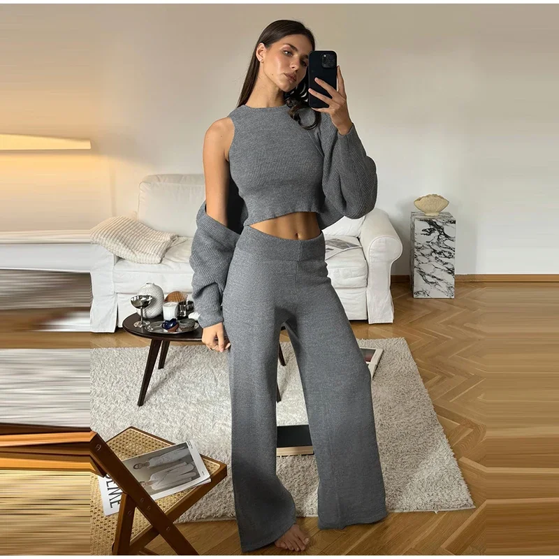 Damen Strick-3-Teiler-Set: O-Ausschnitt, ärmelloses Crop-Top, Langarm-Mantel, weit geschnittene Hose, Herbstmode, neue Strickwaren für Damen – Detail 28