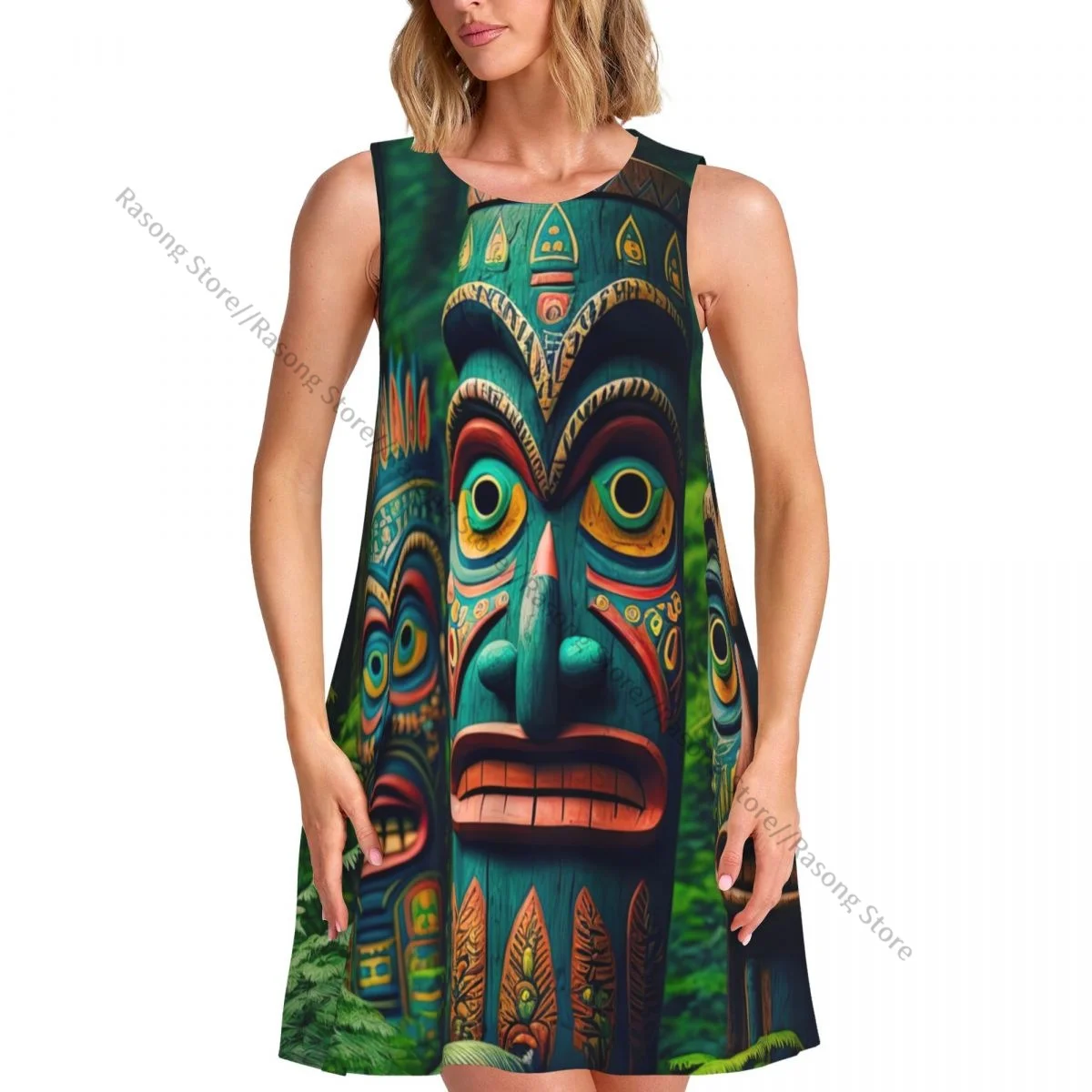 فستان نسائي صيفي كاجوال تي شيرت فساتين الشاطئ تغطي الطواطم العرقية للهندباء قناع تيكي في فستان خزان الغابات