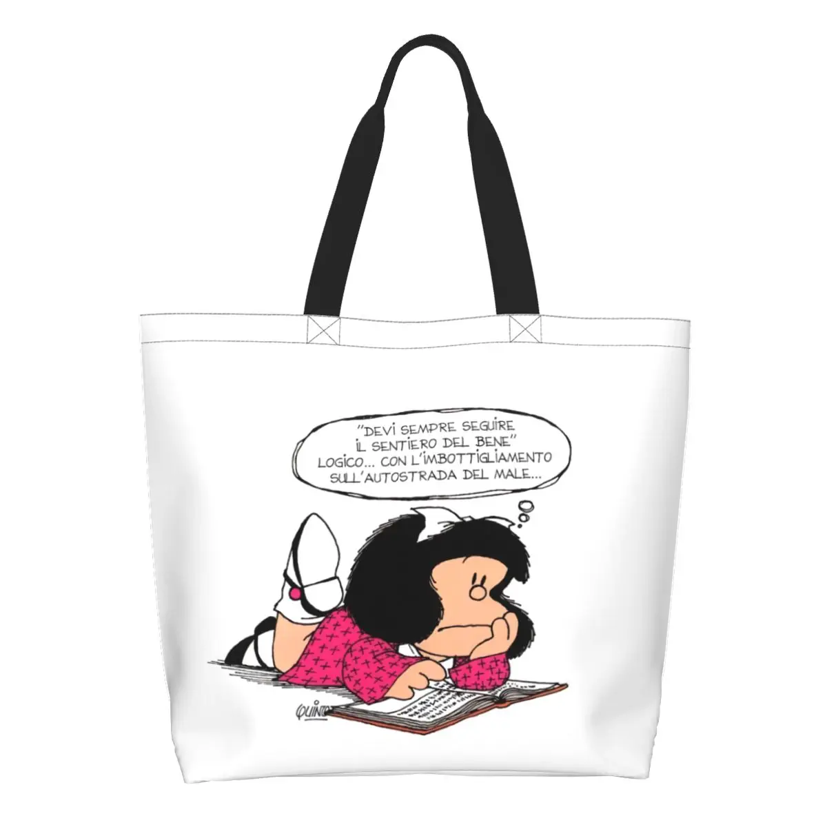 Custom Recycling Cute Mafalda Is Reading Shopping Bag CanvasTote Bag Durable Quino Comic Cartoon Groceries Shopper Bags