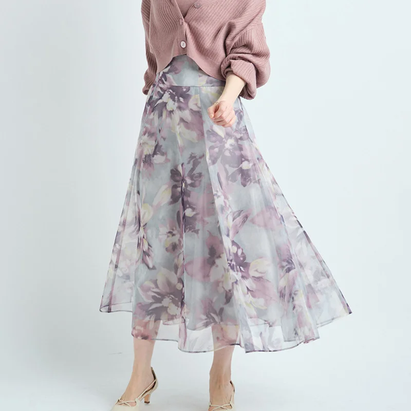 Japanese Gentle Fairy Jupes High Waist Printed Pattern Pleated Long Mesh Skirts 2022 Spring New Fashion Mujer Faldas