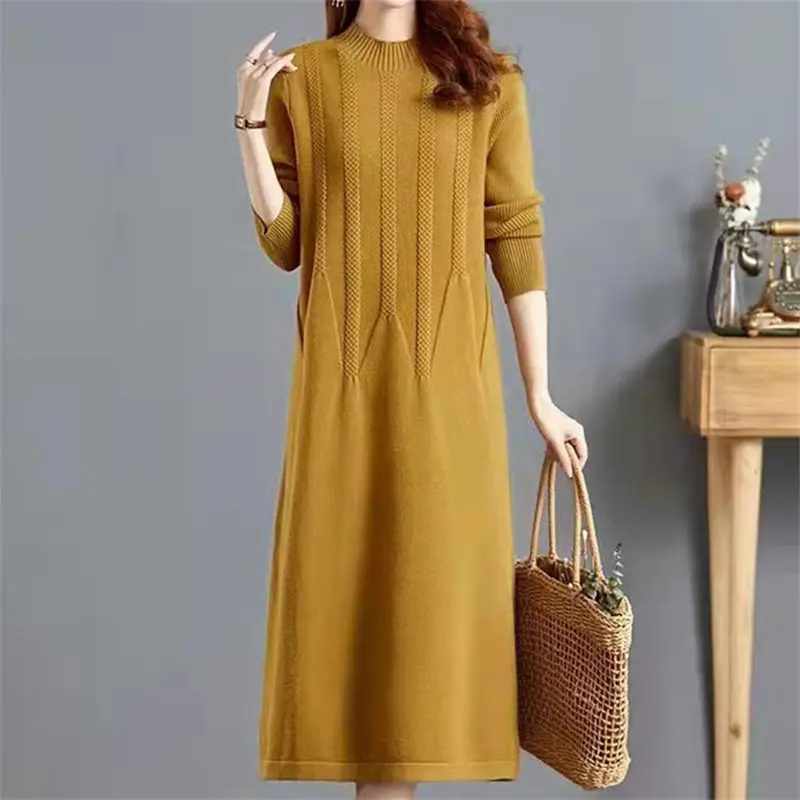 

Autumn And Winter Women's Classic Knitted Dress 2022 Korean Version Casual Straight Long Round Neck Solid Sweater Pullover Z2900