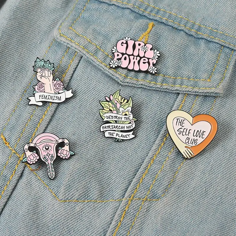 

Girl Power Enamel Pins Custom Self Love Club Uterus Brooches Lapel Badges Feminism Fist Jewelry Gift for Women Friends