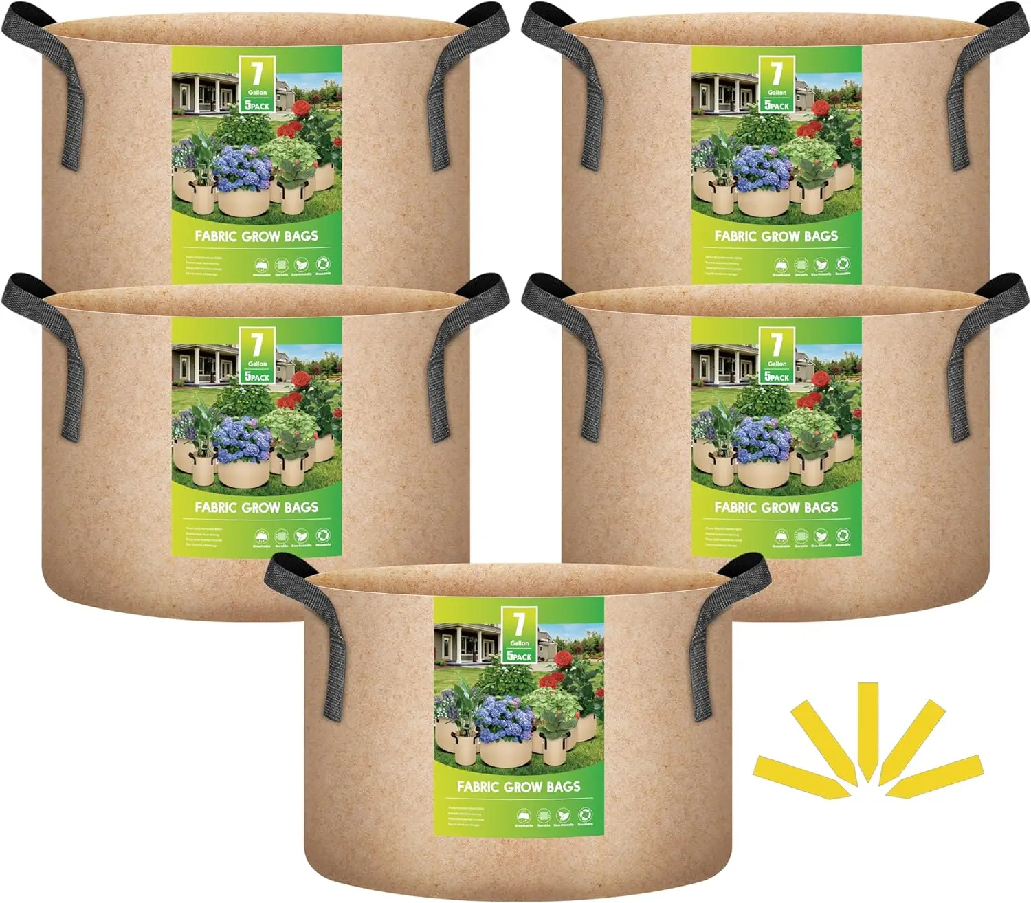 

5-Pack 7 Gallon Plant Grow Bags Thickened Nonwoven Aeration Fabric Pots Heavy Duty Durable Container, Strap Handles for