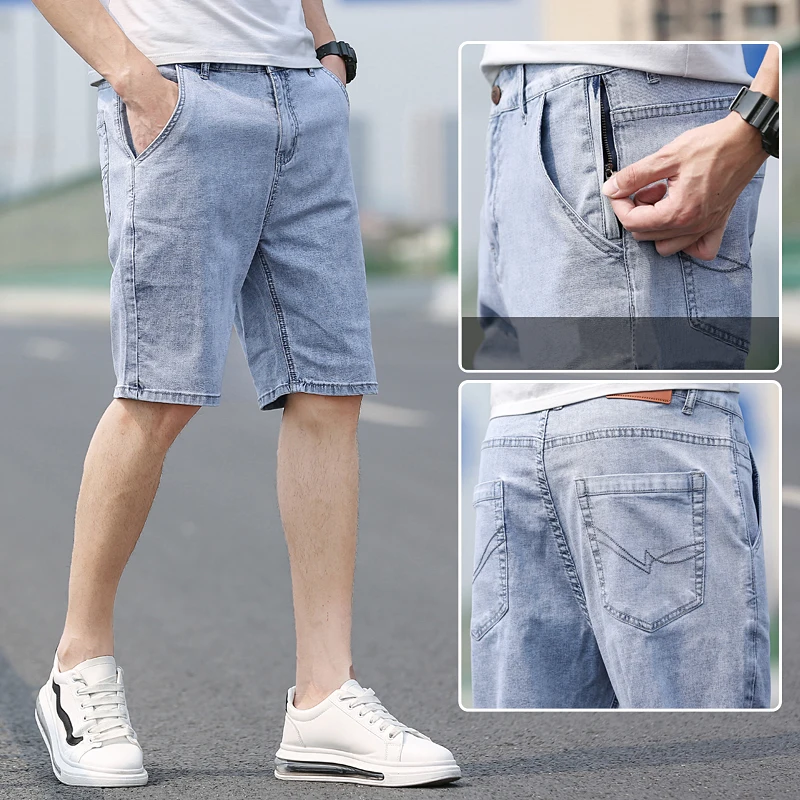 Celana Pendek Denim Kasual Celana Jeans Desain Anti-maling Ritsleting Gaya Klasik Lurus Longgar Pria Celana Pendek Pantai