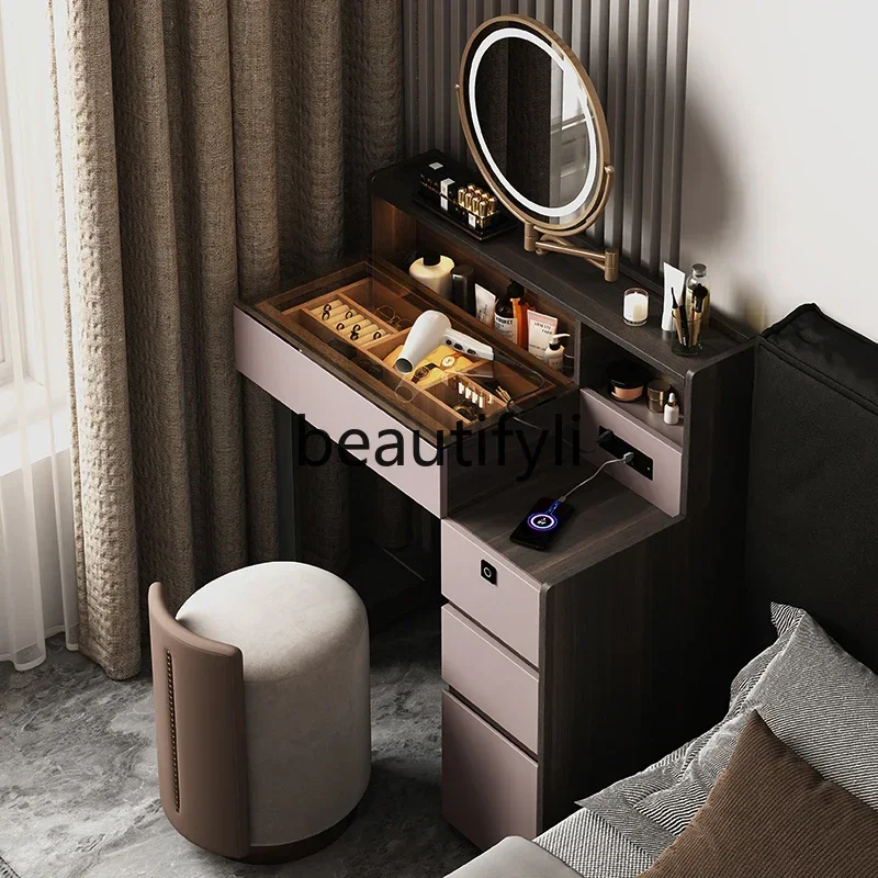 

Italian solid wood dresser storage cabinet integrated with lock master bedroom bedside multi-functional makeuptable light lu