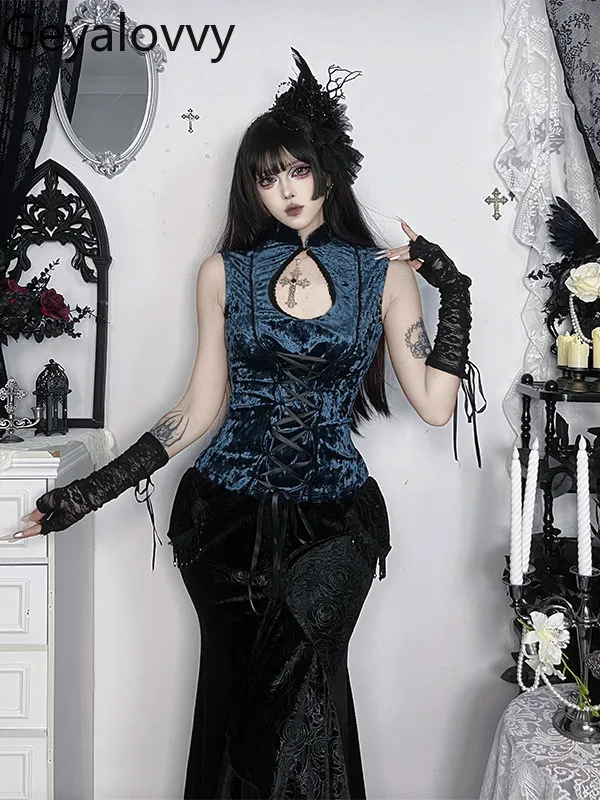 

Spring and Summer Women's 2 Piece Sets Gothic Stand-up Collar Sleeveless Top and Long Skirt Set Punk Gothic Style Girl Outfit