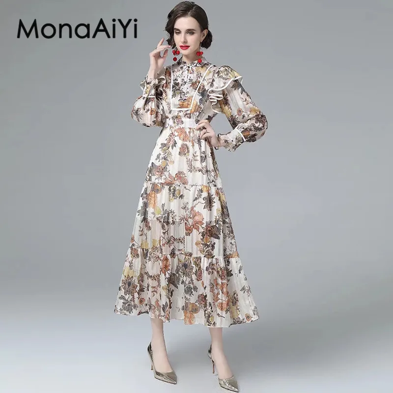 

MonaAiYi Autumn Women's A-Line Dress Stand Collar Lace-Up Lantern Sleeved Splicing Flounced Edge Chic Print Fashion Dresses