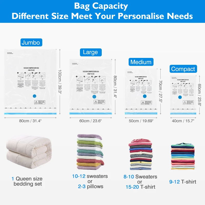 Vacuum Bags For Storing Clothes Space Save 80% Compression Bag Travel Organizer, Portable Rechargeable Air Pump Travel Accessory