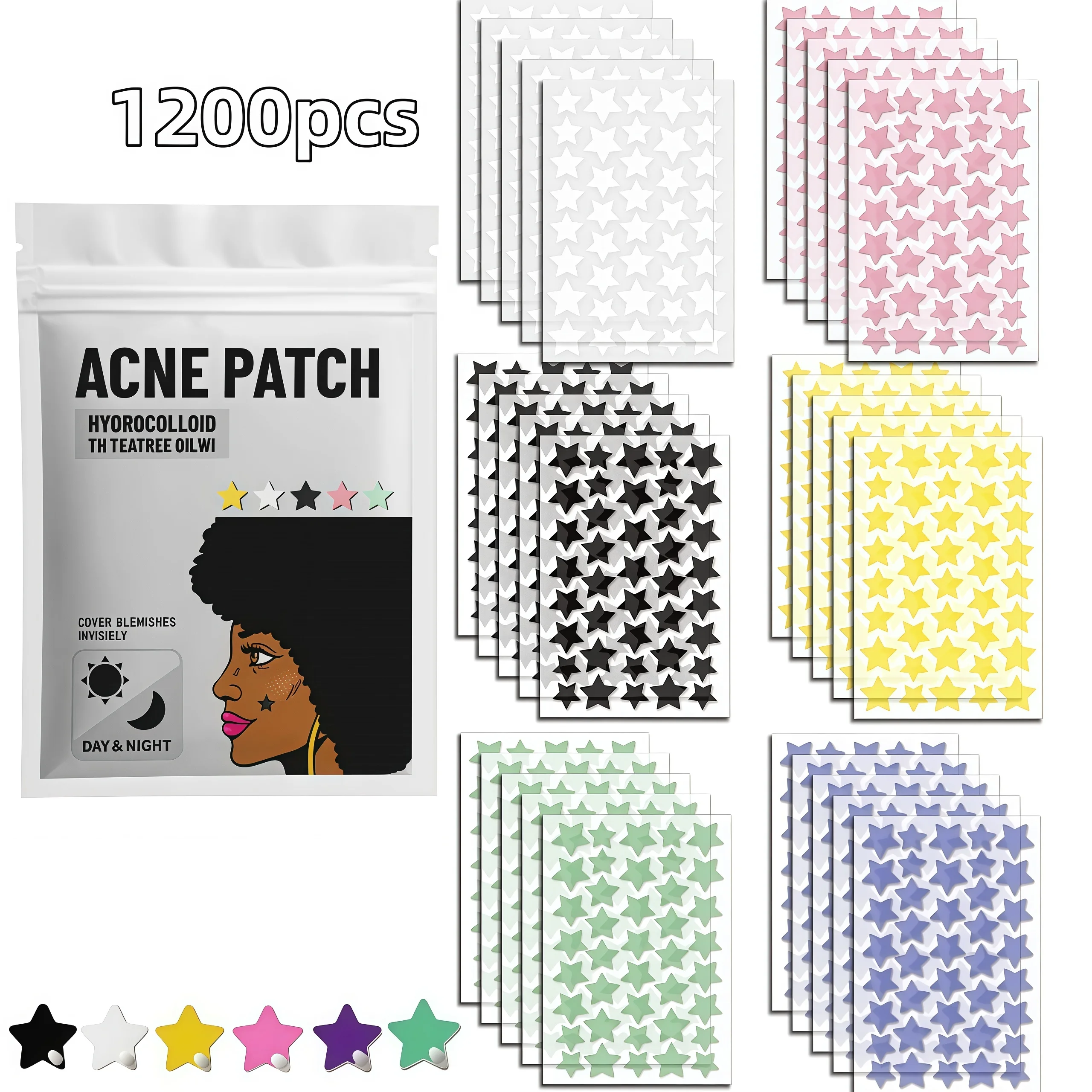 480/720/1200pcs Colorful Star Face Stickers, Rainbow Mixed Size Invisible Dot Patch Set