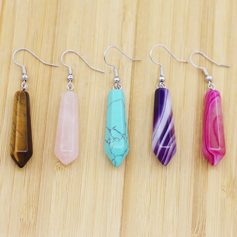 

Natural Stone Agate Hexagonal Column Earrings Pendants Onyx Reiki Gem Beads Dangle Hook Drop Vintage Female Jewelry Gifts 6Pair