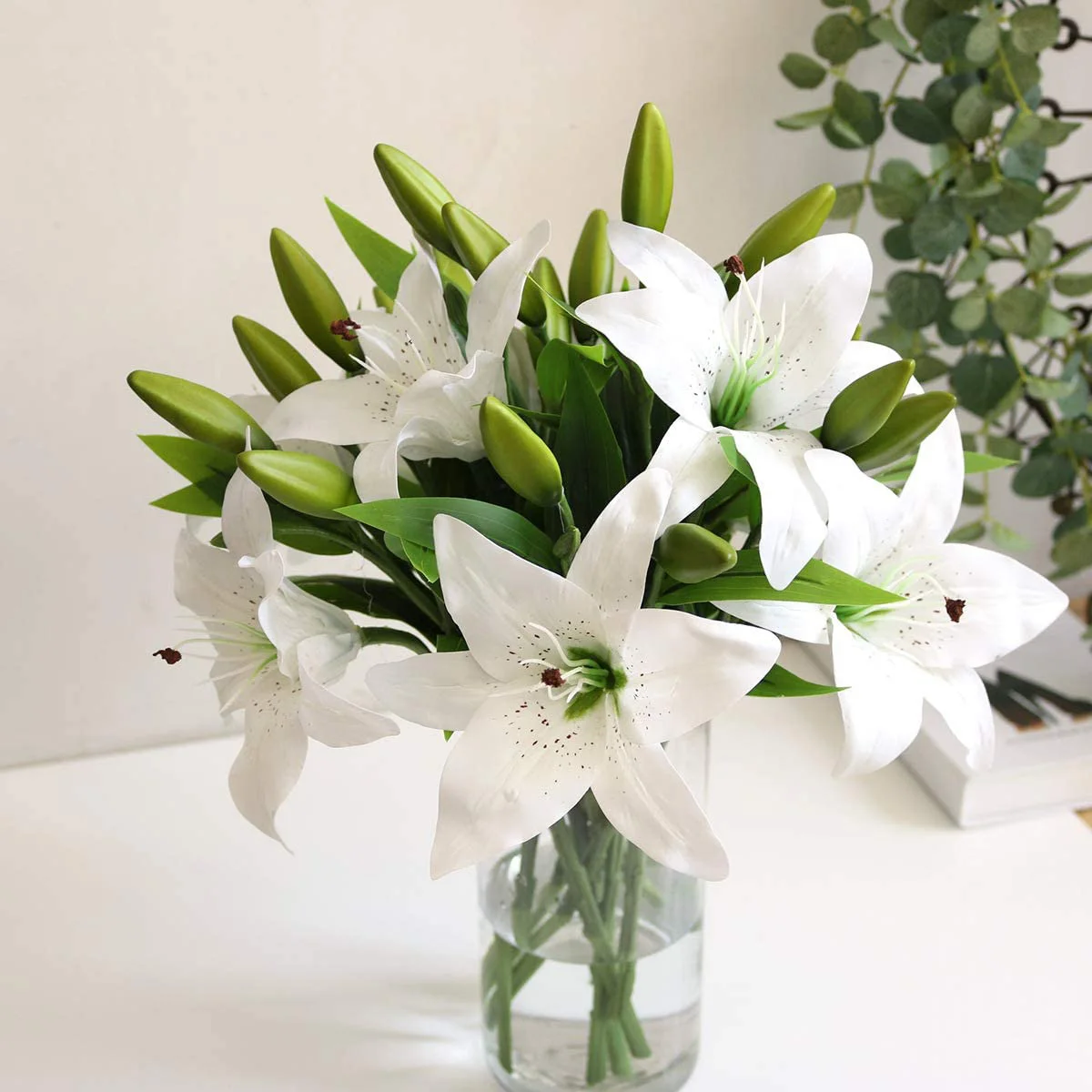 5Pcs Artificial Lily Flowers Real Contact Fake Lily Bouquet for Home Wedding Floral Decor White &LICG