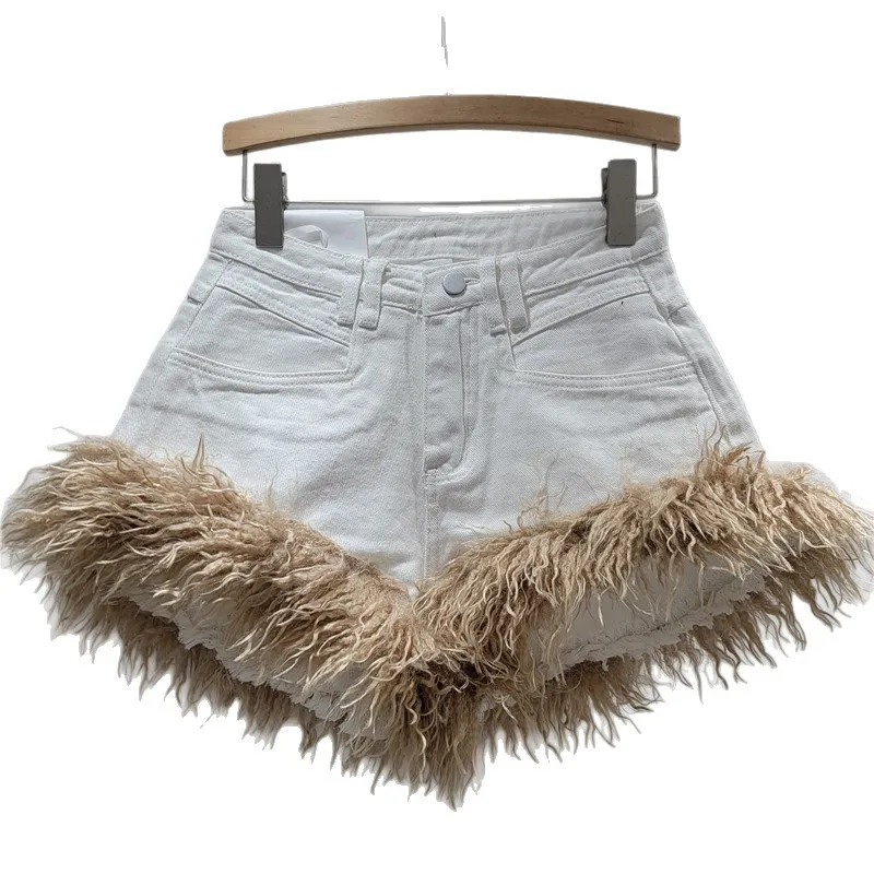 Pantaloncini di jeans patchwork pelosi per donna, ragazza calda stile americano 2025 Autunno Inverno Nuovi pantaloni caldi sexy con sollevamento dell'anca a vita alta sottile