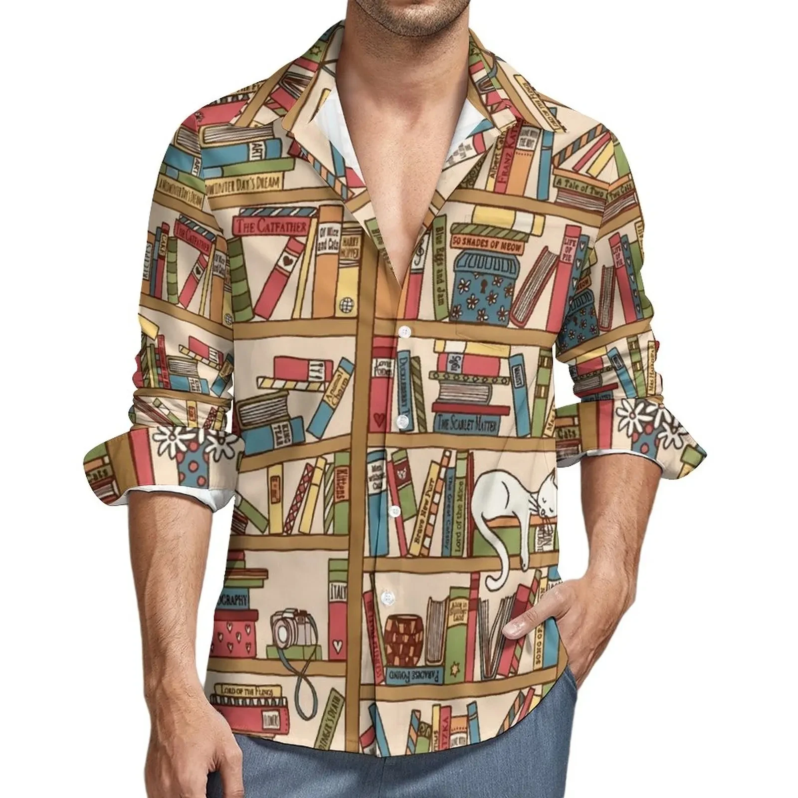 Camisa de manga larga con solapa impresa en 3D para hombre y mujer, camisa informal con botones, ropa de calle Unisex de gran tamaño, moda de biblioteca de gatos