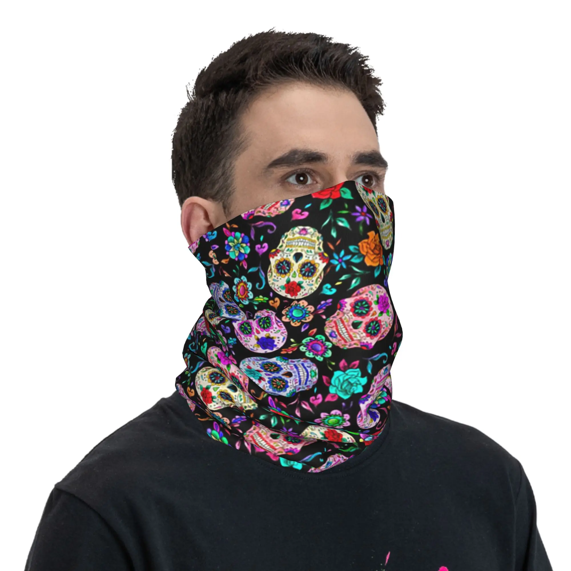 Sugar Skull Mexican Flower Halloween Day Of The Dead Bandana Neck Gaiter Printed Magic Scarf Headband Cycling Unisex  All Season