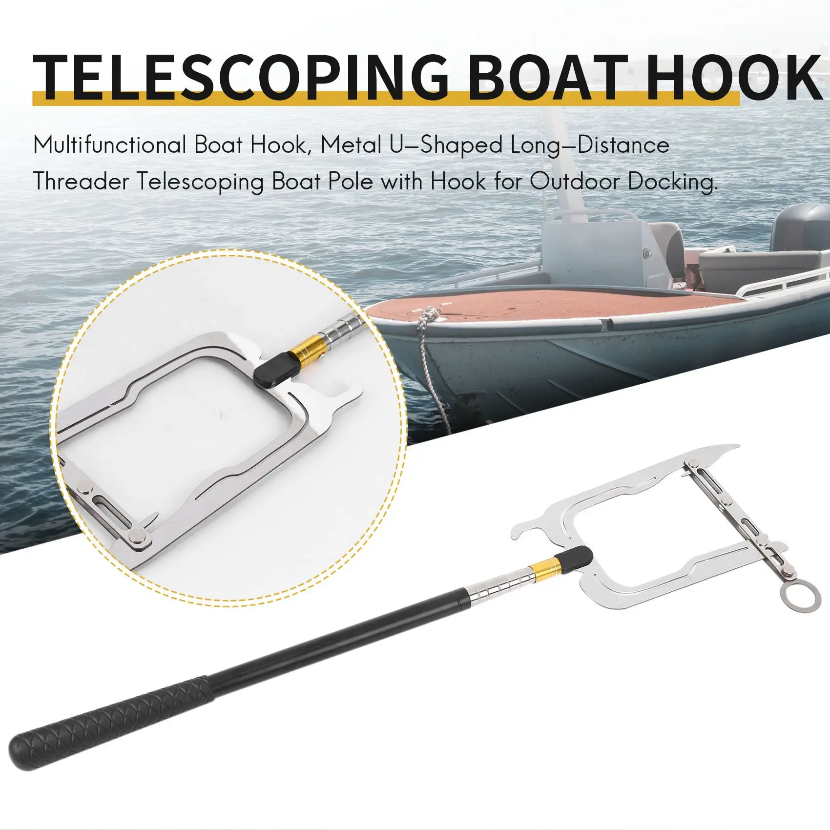 Multifunctional Boat Hook, Metal U-Shaped Long-Distance Threader Telescoping Boat Pole with Hook for Outdoor Docking