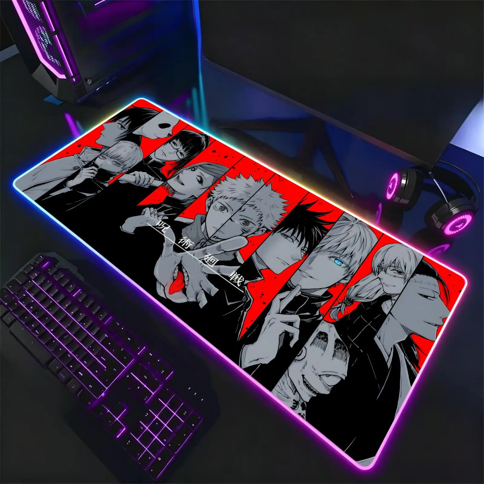 anime Jujutsu Kaisen  Mouse Pad RGB Color Changing Gaming Mouse Pad, Stitched Edges, XXL Non-Slip Large Keyboard Desk Mat