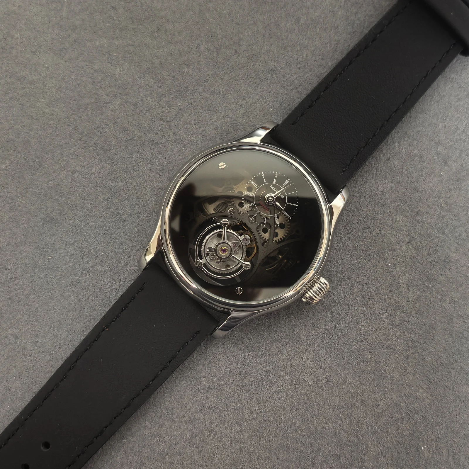 PIERRE PAULIN Men Tourbillon Watch 42mm Manual Winding Mechanical Wristwatch Sapphire Mirror Transparent Gradient Black Dial