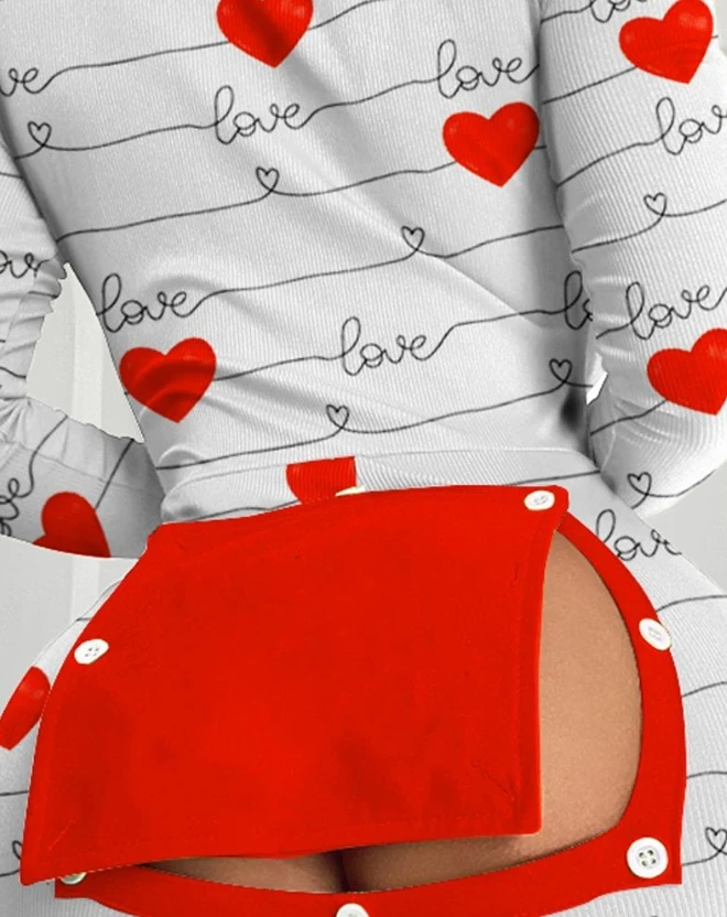 Mono de dormir de manga larga para mujer, ropa de casa con estampado de corazón, ajustado, cómodo, estampado de letras de corazón, hebilla funcional