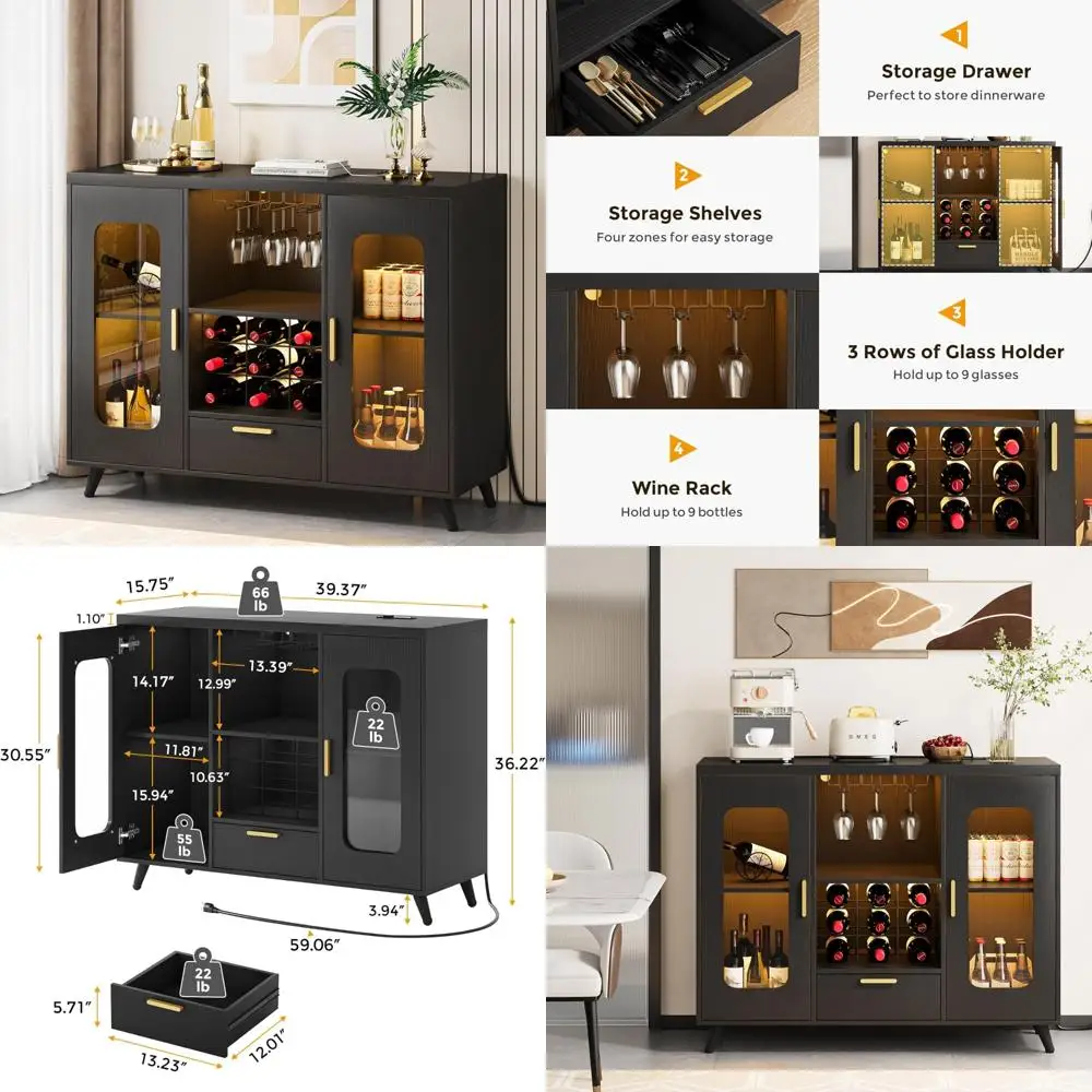 ตู้บาร์ไวน์ LED ทันสมัยพร้อมปลั๊กไฟ ที่วางแก้ว และช่องเก็บของด้านข้าง