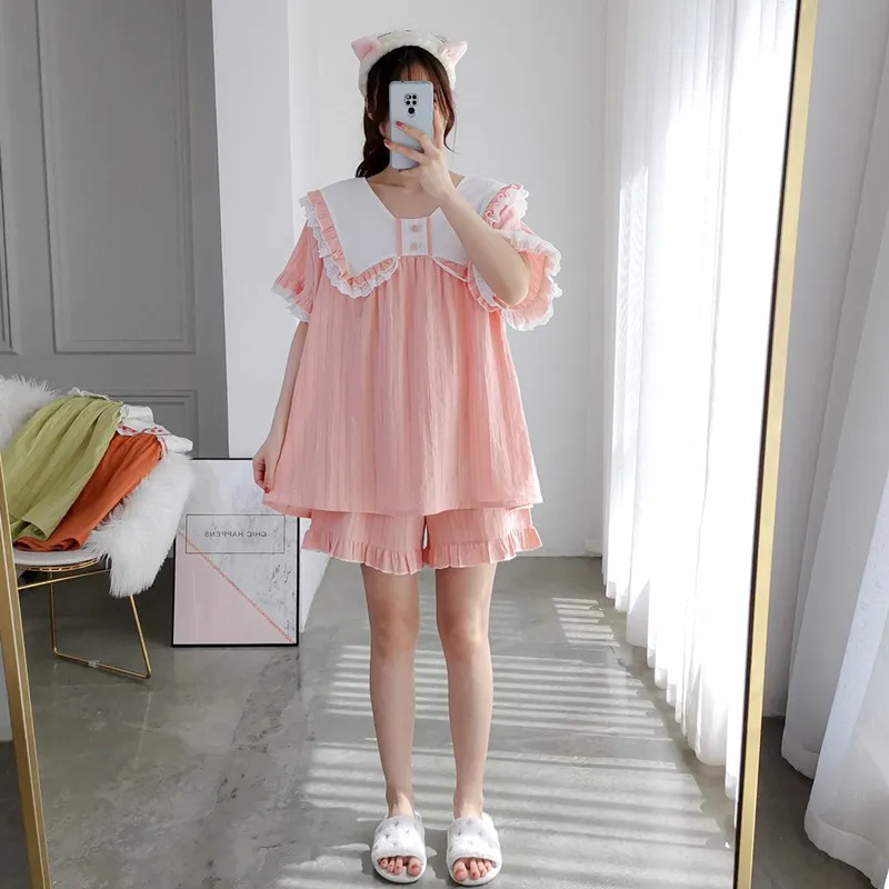 Washed Cotton Summer Sweet Bow Peter Pan Collar Pajamas Short Sleeve Shorts Two-piece Set 2025 Girl Loose Ruffles Loungewear