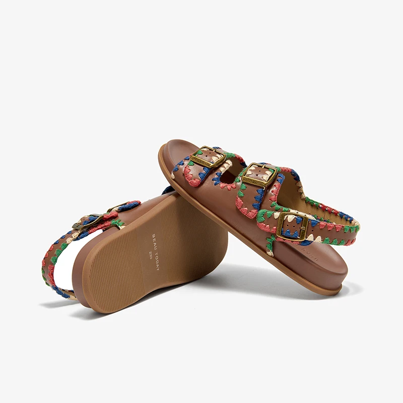 BEAUTODAY Flats Sandals Women Woven Round Toe Buckle Strap Summer Casual Ladies Outdoor Shoes Handmade 34639