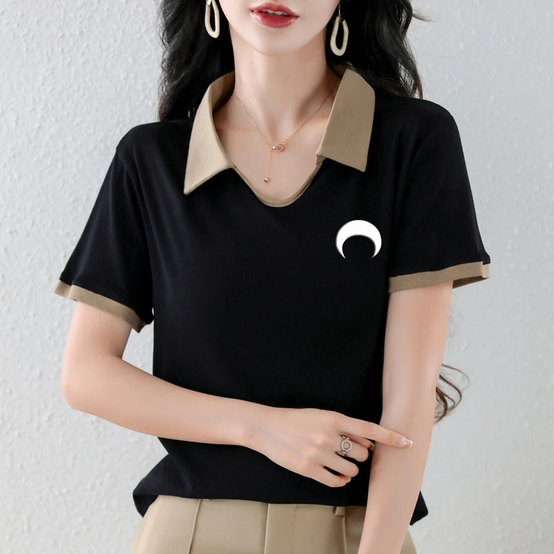 TuangBiang-Camiseta de algodón con bordado de Luna en 3D para mujer, blusa informal coreana con cuello tipo Polo de manga corta, Tops ajustados para mujer 2023