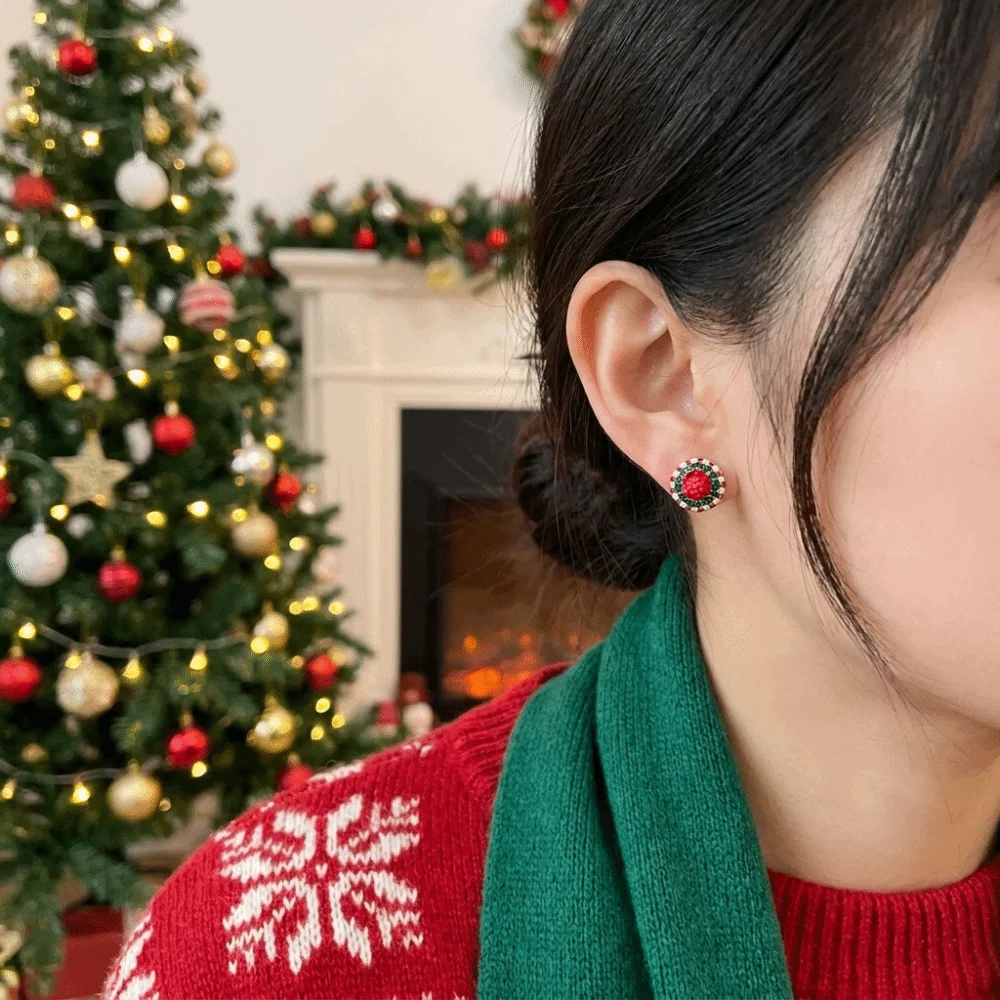 Red Enamel Christmas Stud Earrings Lightweight Sparkling Santa Hat Earrings Trendy Multicolor Rhinestone Ball Earrings Gift