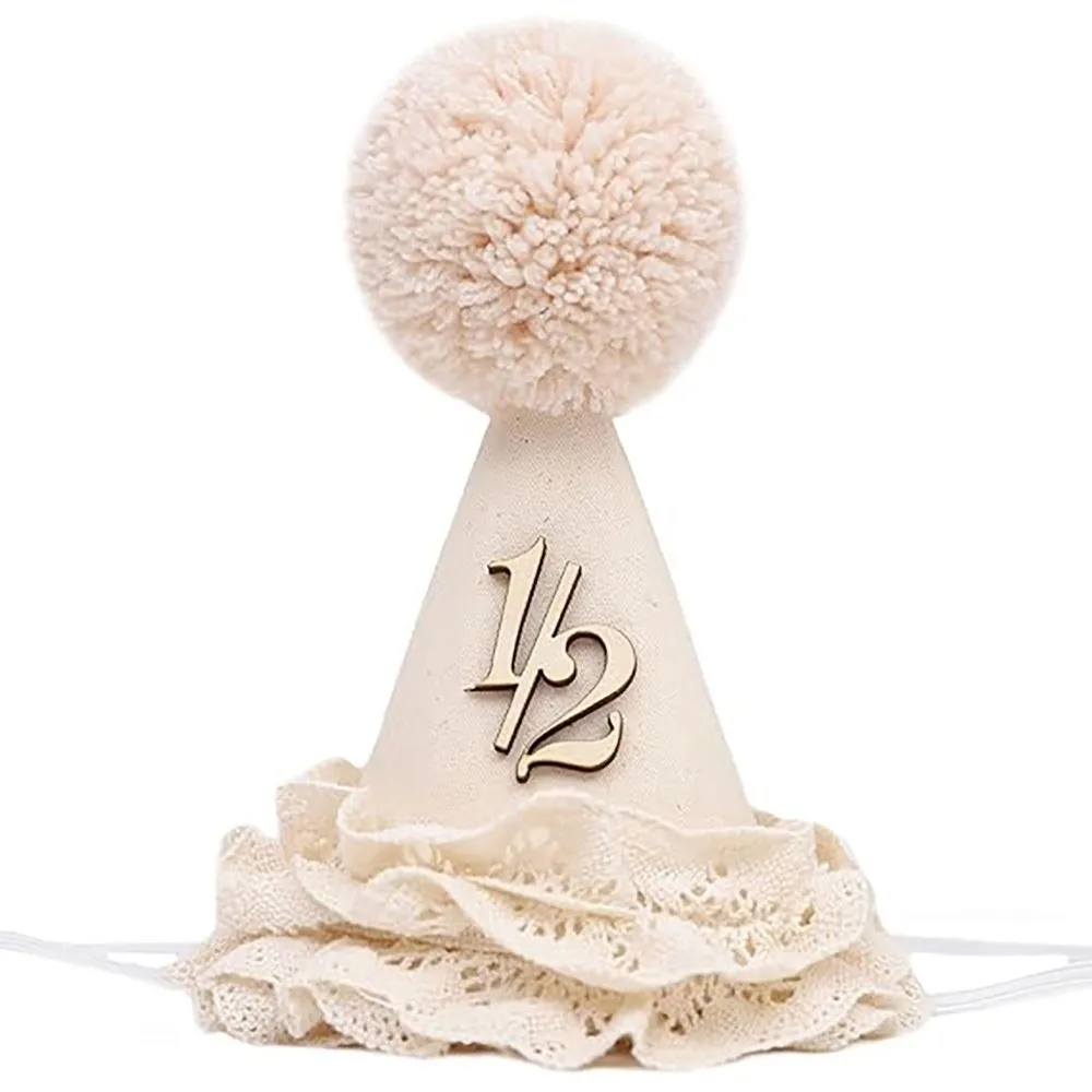 High Quality Sweet Birthday Hat Handcrafted Pom Pom Neutral Color Princess Birthday Hat Lace Ruffle Hat Children's Party