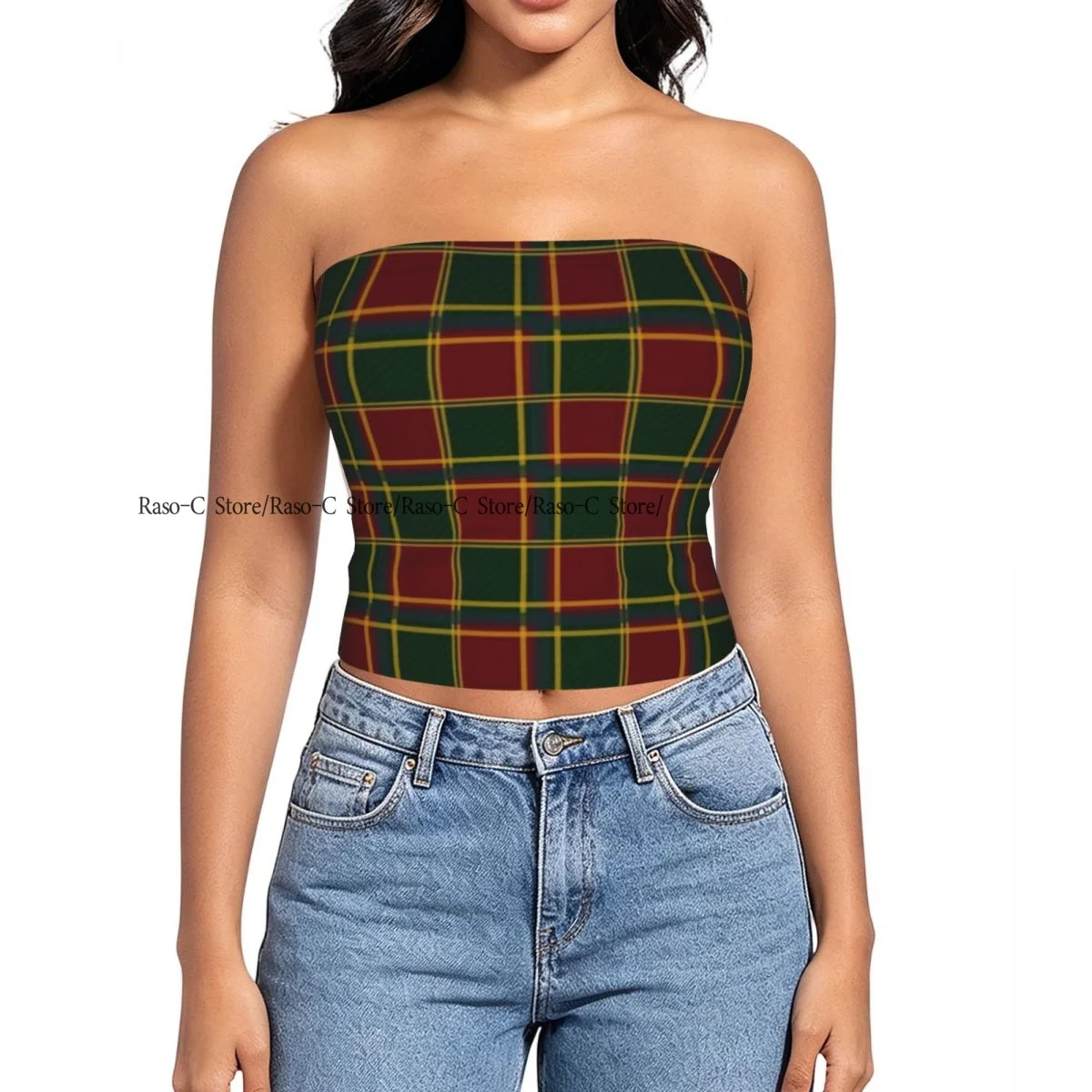 Women Block Crop Slim Tube Top Chessboard Illustration Strapless Top For Summer Female Clothing