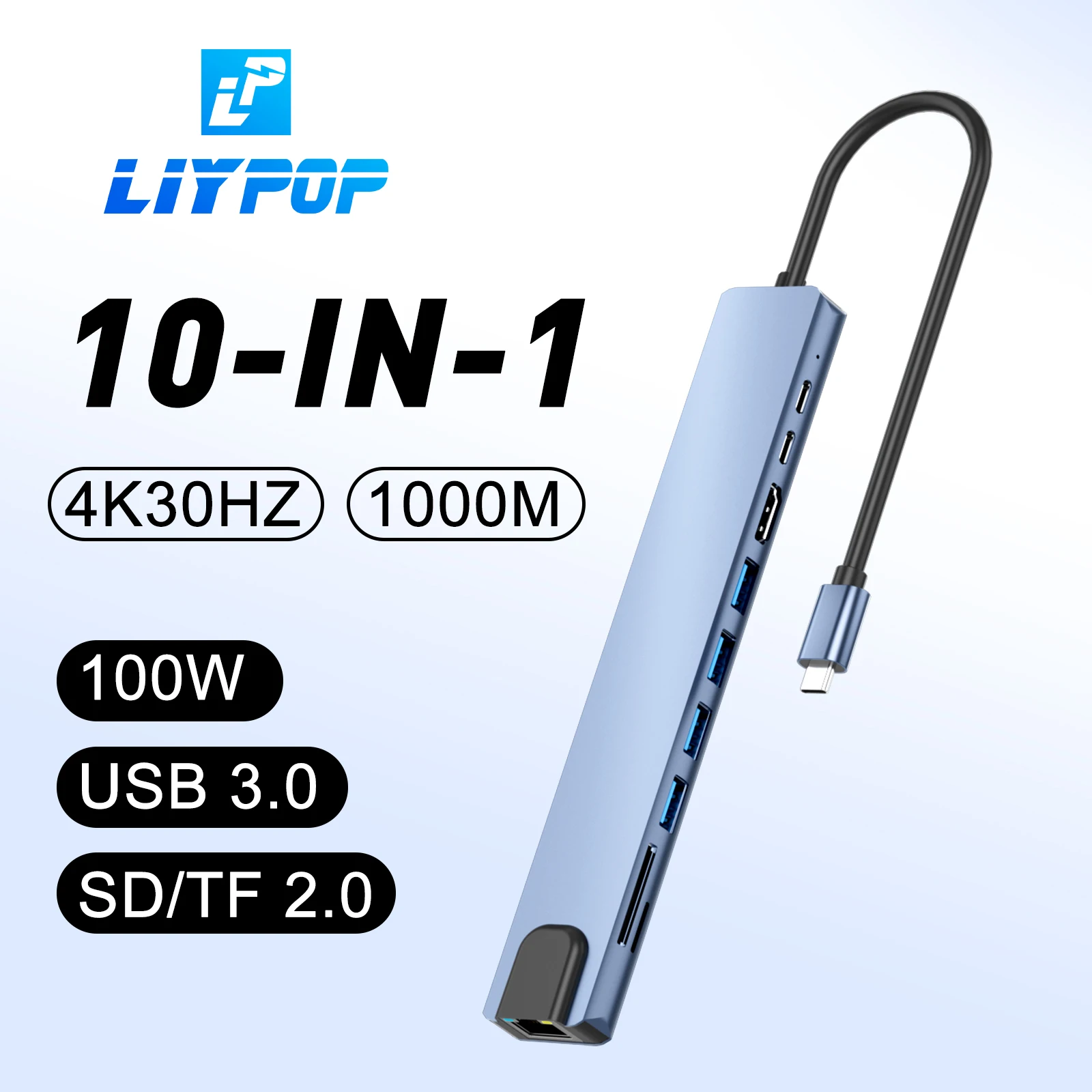 LIYPOP 10 IN 1 USB C Hub Type C Hub Adapter 4K30Hz HDMI RJ45 1000M PD100W SD/TF Aluminum Multiport for Macbook Pro/Air USB C Hub