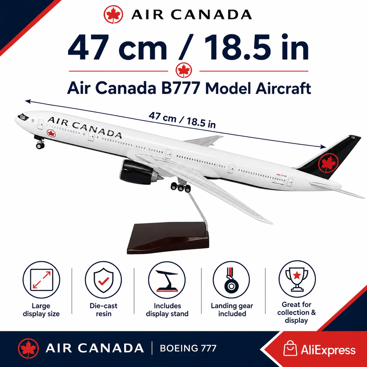 Canada Airlin B777 Passenger Jet 47 cm Die-Cast Resin Aircraft Model 18.5 inches with Stand and Landing Gear Model Display Piece