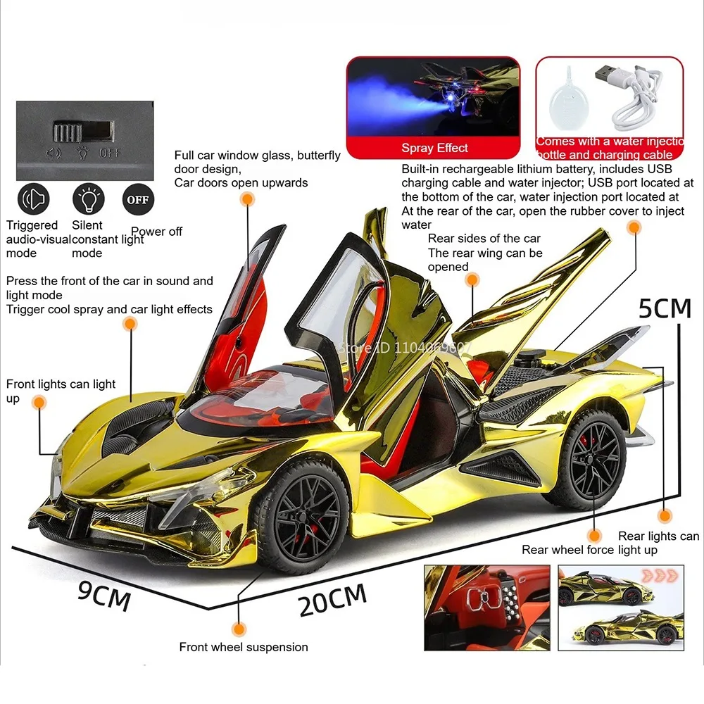 1:24 Tourbillon Apollo EVO Zabawki Samochody Modele Auta z Napędem Pull Back Światło Muzyka Miniaturowy Samochód Sportowy z Funkcją Strumienia Wody Pojazdy dla Dzieci Edukacyjno-Rozrywkowe