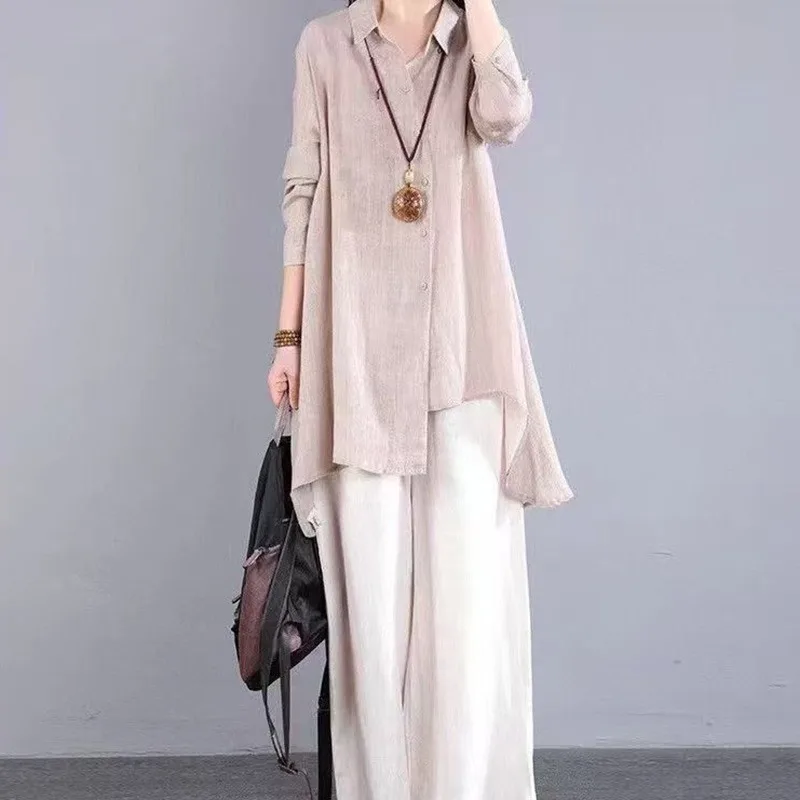 Women Polo Collar Long Sleeve Cotton Linen Shirt Irregular Hem Mid Length Blouse Retro Literary Top For Spring Summer
