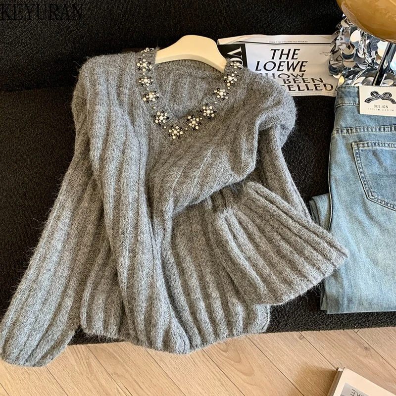 

Gray Beading Knitted Pullover Sweater for Women Autumn Winter Clothing Korean Fashion V-neck Casual Sueter Mujer Knitwear Jumper