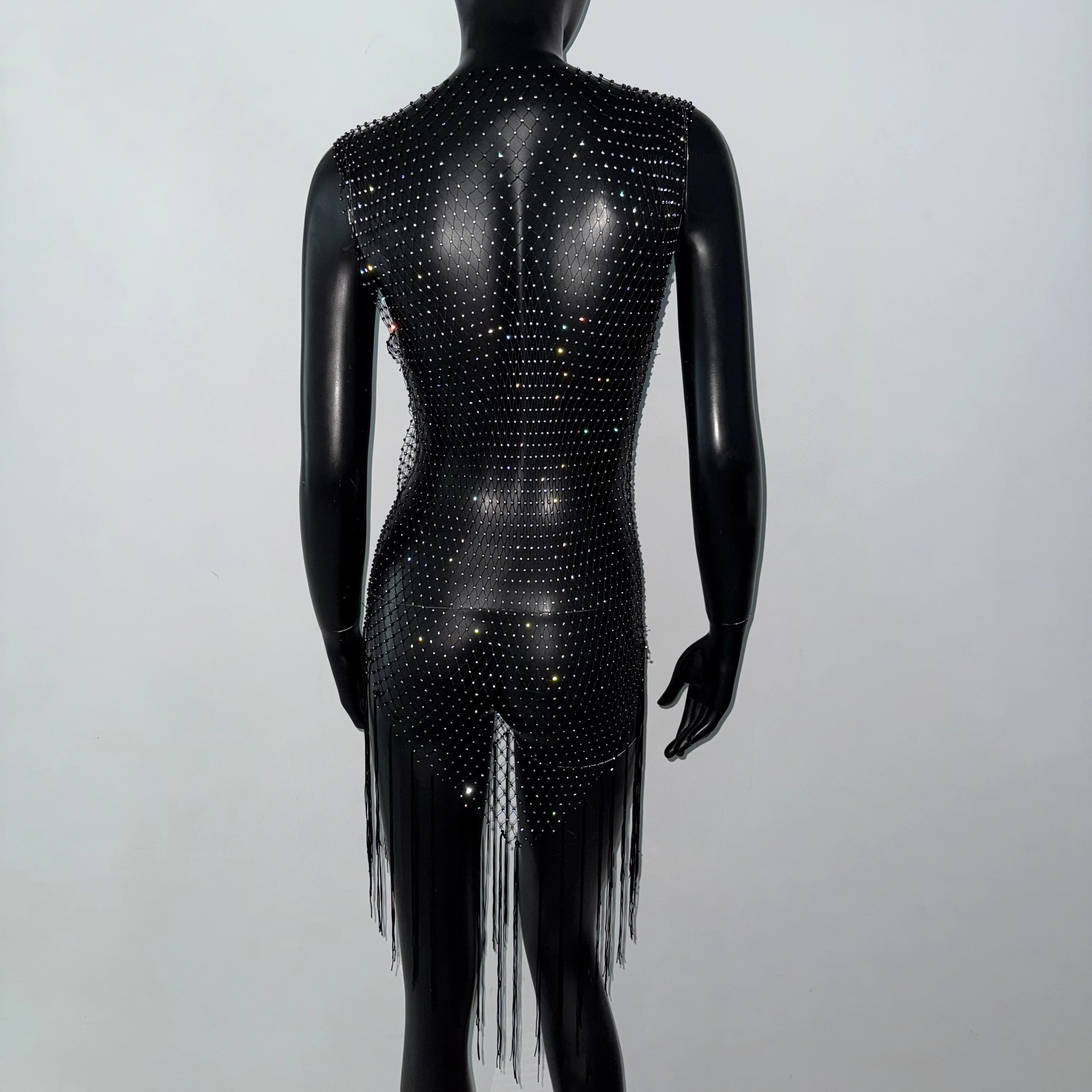 Vrouwen elegante lange kwastjesjurk sexy visnet strass doorzichtige mouwloze jurk cover-up rave festivaljurken nieuw