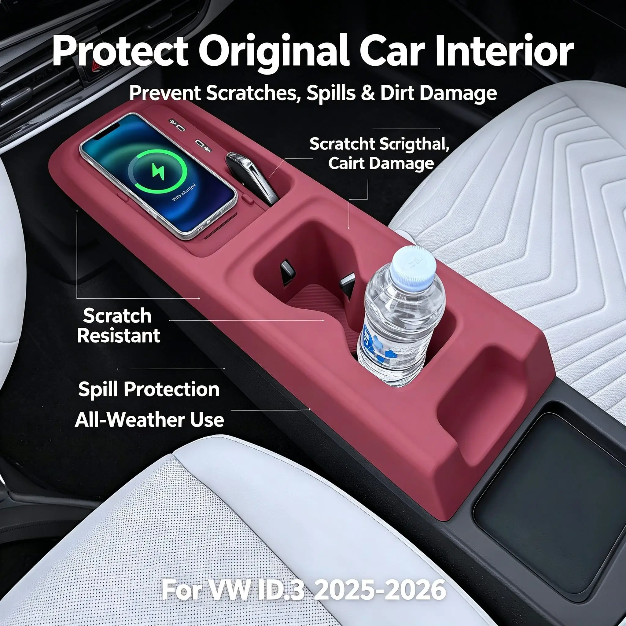 Center Console Cup Holder Mat For VW ID.3 2025-2026 Silicone Drink Storage Organizer Anti-Scratch Car Interior Accessories 2