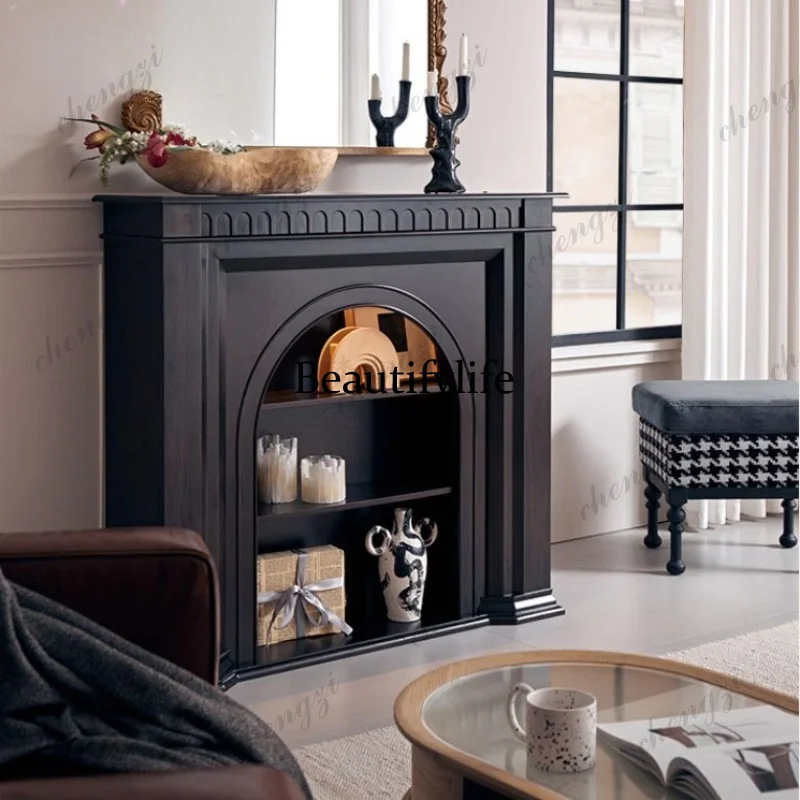 French retro style solid wood fireplace black decorative cabinet American living room porch side cabinet fireplace rack arched