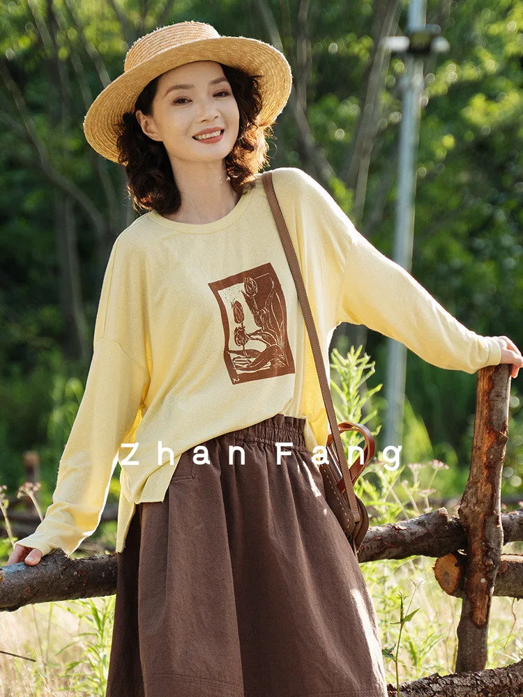 Handcrafted Yellow Long Sleeve T-Shirt with Silk Lyocell Wood Carving Pattern Rain Dew Wild Mountain Lotus Blossom 549 Series