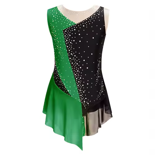 Kids Girls Figure Skating Rhythmic Gymnastics Leotard Dress Asymmetrical Split Shiny Rhinestones Contrast Color Dress Ballerina - Image 12