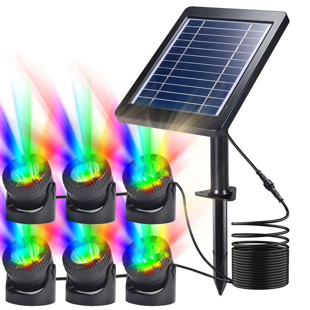

Solar Pond Lights IP68 Waterproof RGB Underwater Solar Lights Adjustable Angle Landscape Spotlights 6 Light Heads for Waterfall