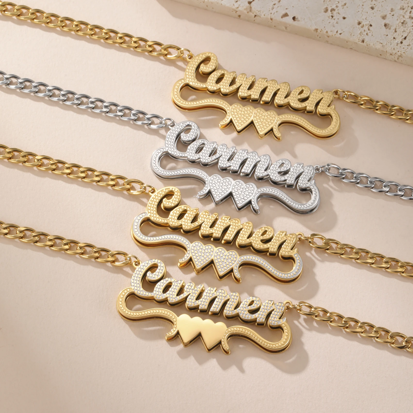 

Персонализированное двойное пластинчатое двухцветное ожерелье с 3D именем в форме сердца для женщин и девочек, ювелирные изделия из нержавеющей стали на заказ, подарки