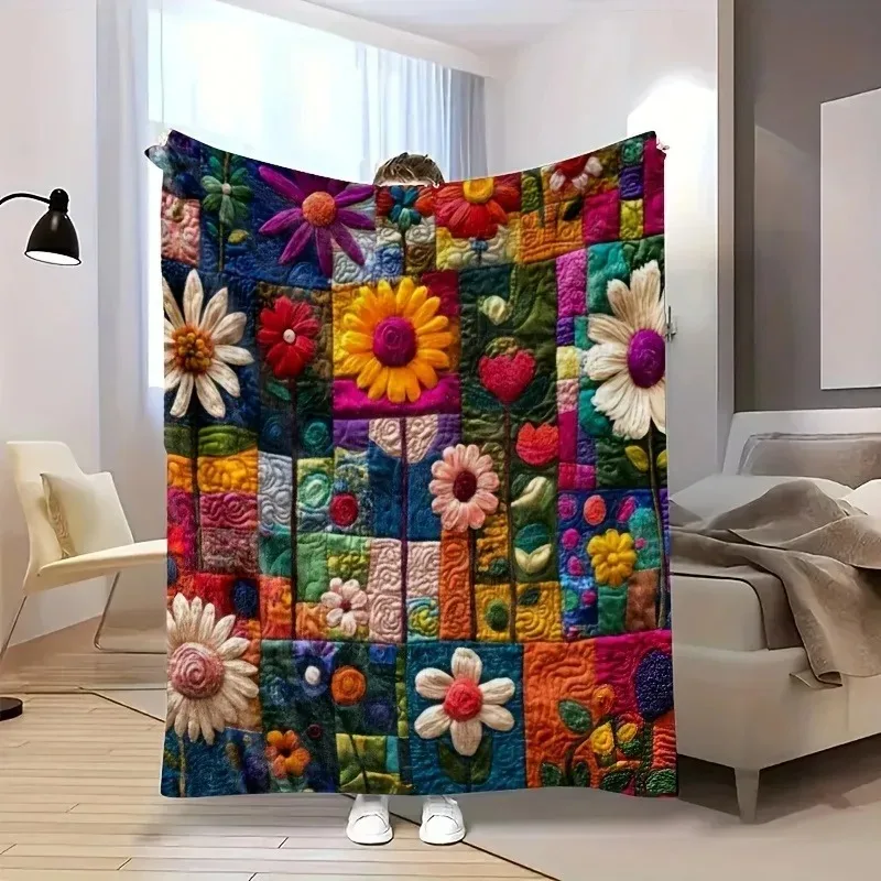 

1pc Bohemian Floral Quilt Throw Blanket - Soft, Warm, All-Season Flannel Flower Patterns, Perfect for Sofa, Bed, Office Picnic