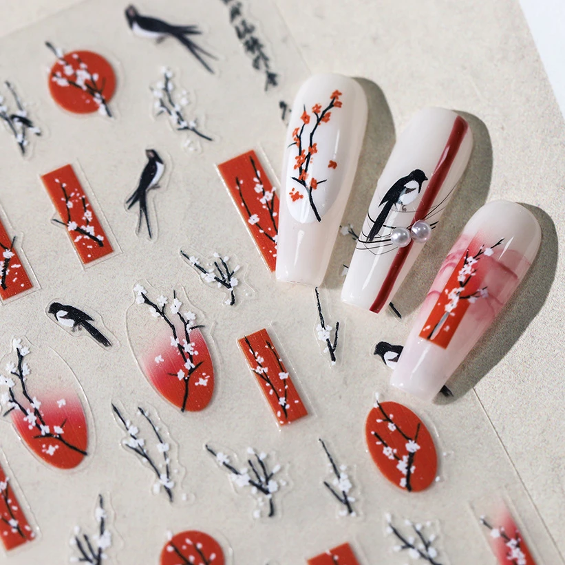 Vintage Chinese Ancient Poetry Red White Plum Blossom Magpie 3D Self Adhesive Nail Art Sticker Retro Dragon Manicure Tool Decals