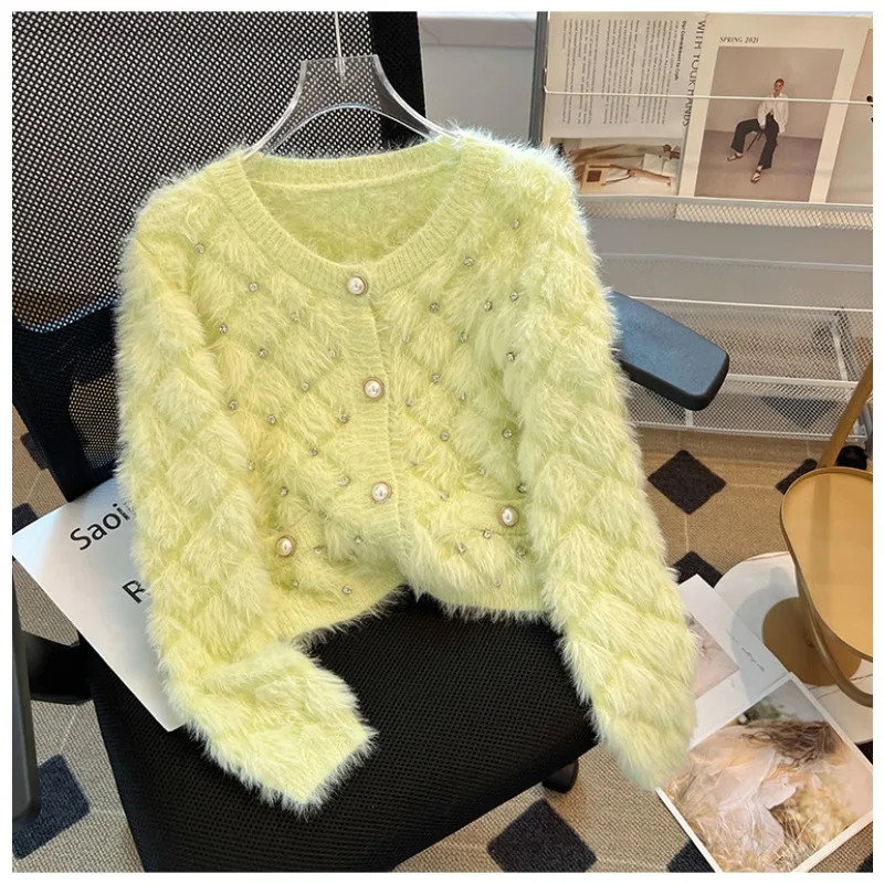 French Nail Diamond Pearl Buttons Small Fragrance Knitted Cardigan Sweater Women's Autumn and Winter New Fashion Top Jacket