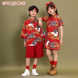 2Pcs Traditional Chinese New Year Costumes Clothes for Kids Spring Festival Tang Suit Girl Boy Sets Short Sleeve Top+Pants+Skirt