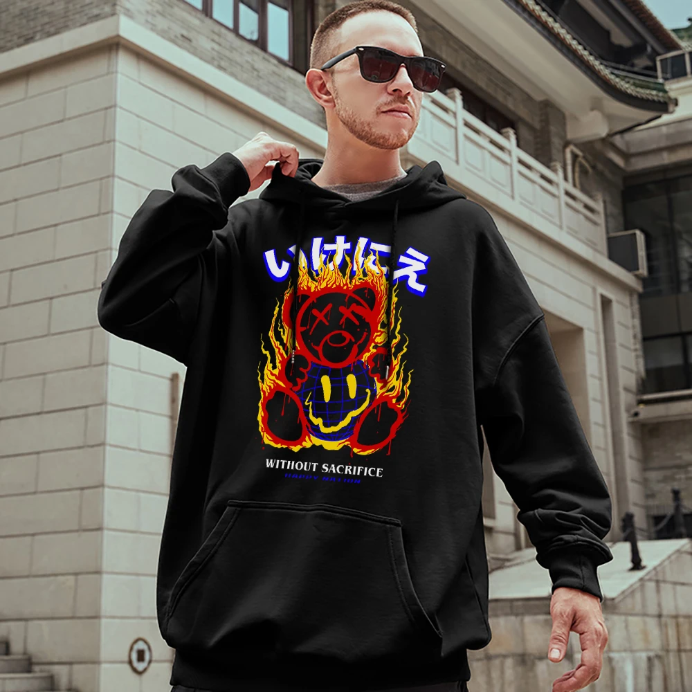 Happy Nation The Burning Teddy Bear Men Streetwear Hip Hop Fleece Cotton Hoodies Trendy Brand Sweatshirts Oversize Mans Pullover