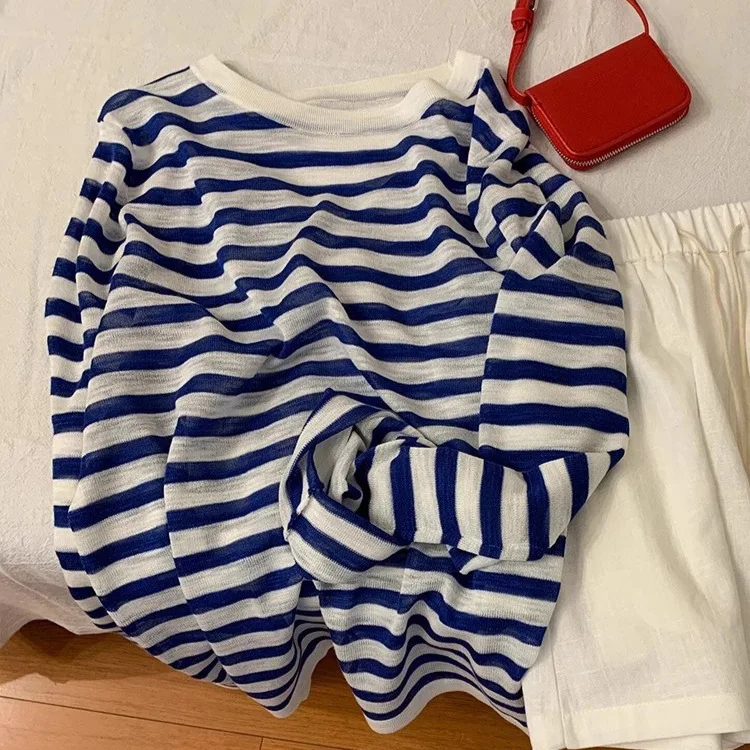 

Pullovers Women Tops Sweaters Round Neck Full Sleeve Striped Casual Loose Y2k Streetwear Elegant Splice Knit Autumn Winter