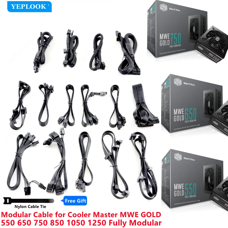 

Original Cooler Master MWE GOLD 550W 650W 750W Modular Power Cable, GPU PCIe 8Pin 6+2Pin, CPU 4+4Pin, SATA, Molex IDE, ATX 24Pin