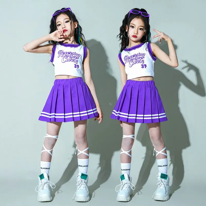 Children Hip Hop Summer Clothes Sets T-shirt Street Dance Skirt Girls Crop Top Cute Outfits Kids Jazz Cheerleader Costumes