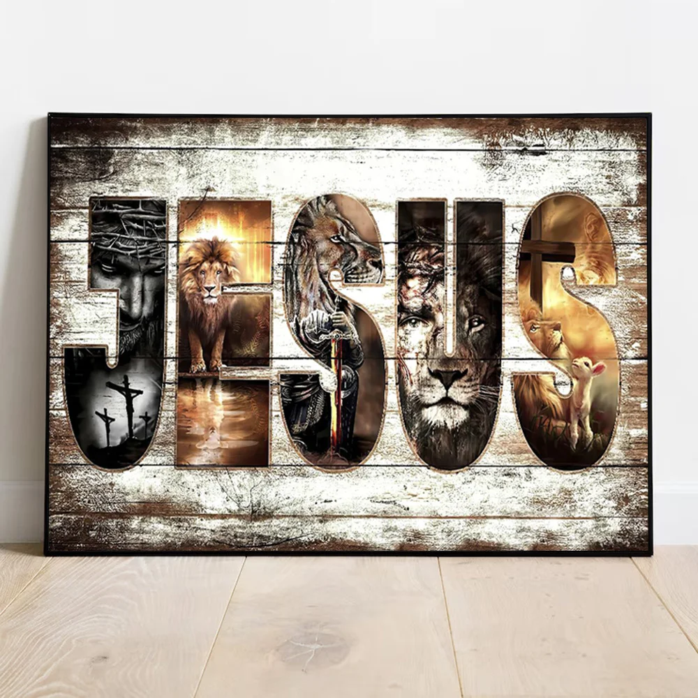 

Jesus And Lion Canvas Art Christian Religious Wall Decor Wooden Style Posters And Prints Retro God Painting For Living Room